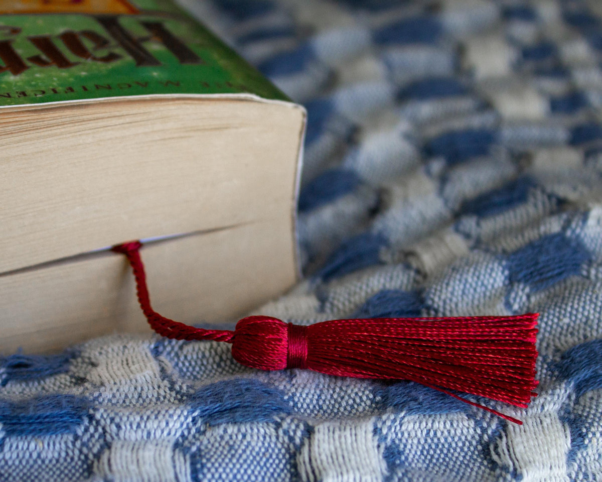 A close-up of a book with a bright red tassel bookmark resting on a blue and white patterned woven blanket.
