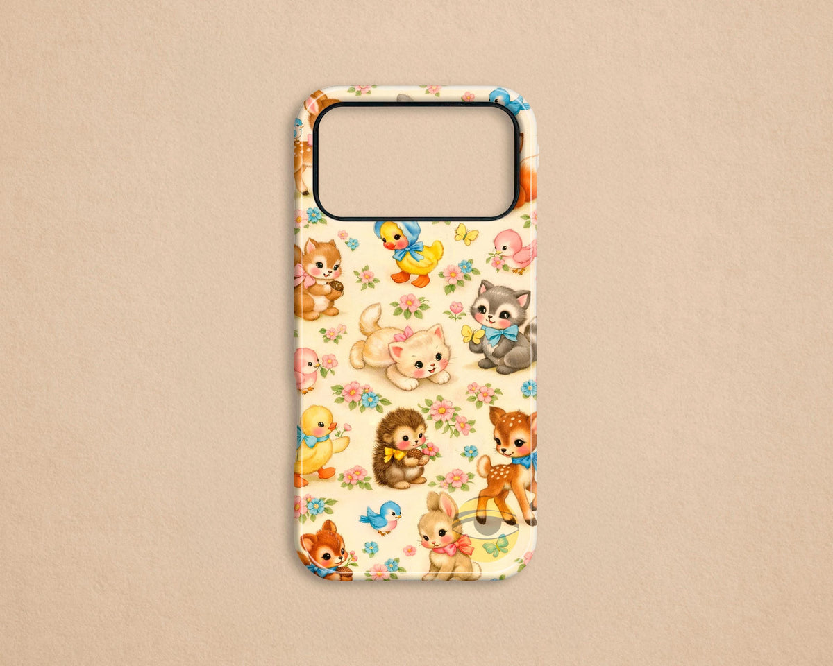Vintage Kitschy Baby Animal iPhone Case, Retro Cottage Style MagSafe Cover