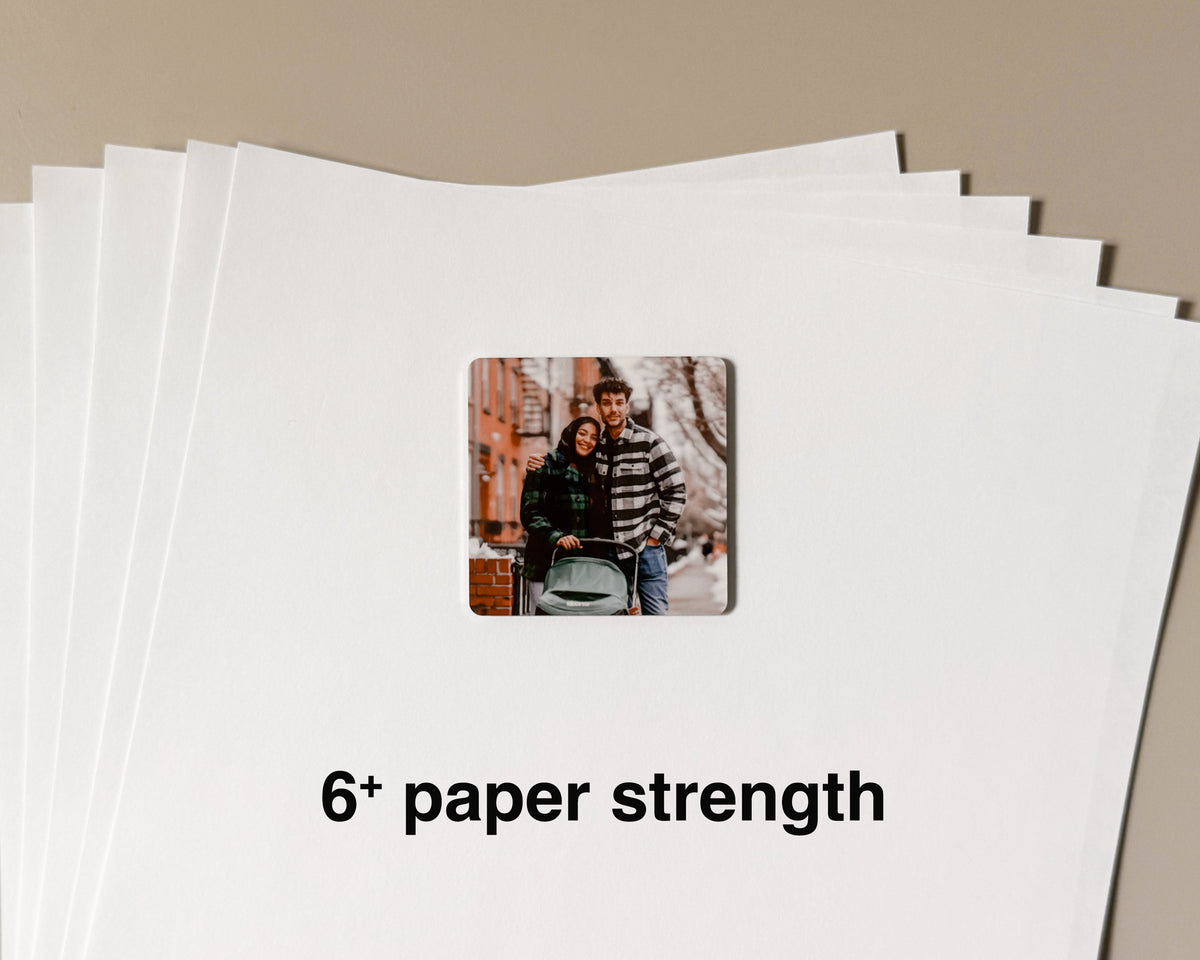 Strong personalized fridge magnet holding 6 papers showing a picture  of a couple with a baby stroller 