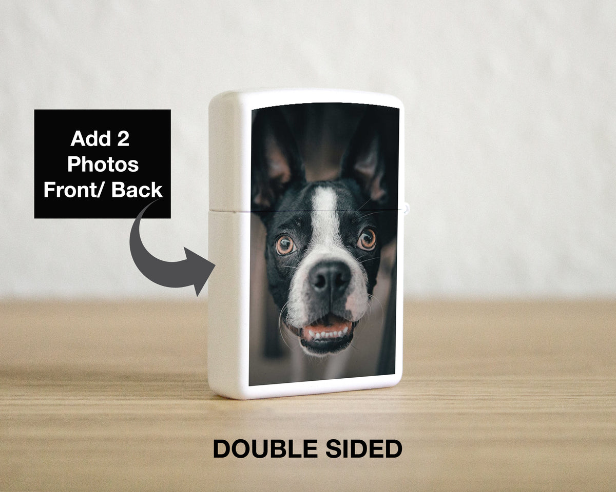 A white rectangular custom photo-print case standing on a wooden surface against a light wall. The front of the case shows a printed Boston Terrier portrait.