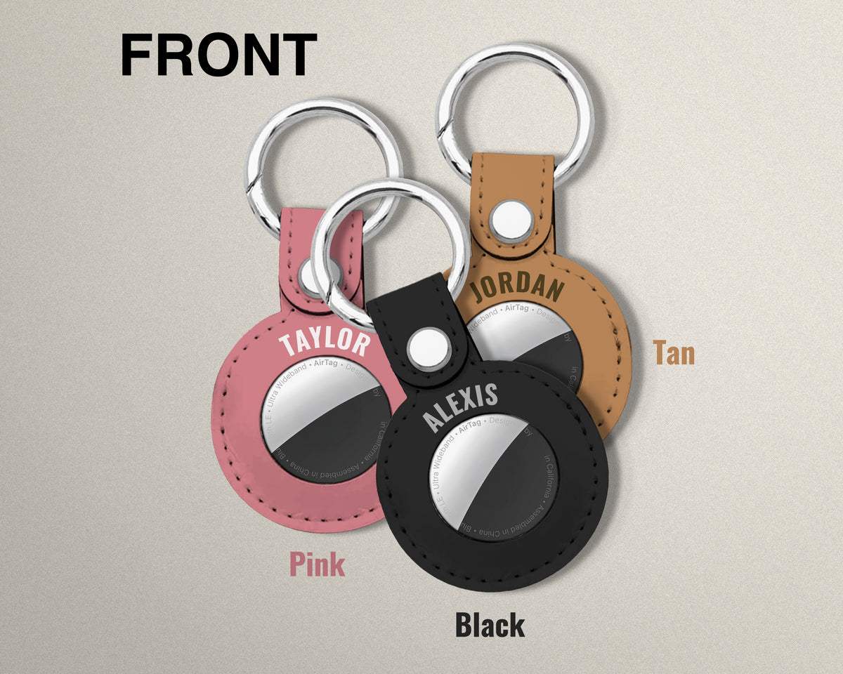 Three customizable vegan leather keychains for AirTags shown on a light beige background with the word FRONT. The keychains are labeled Pink (Taylor), Black (Alexis), and Tan (Jordan), each with a silver metal key ring and a circular cutout in the center.