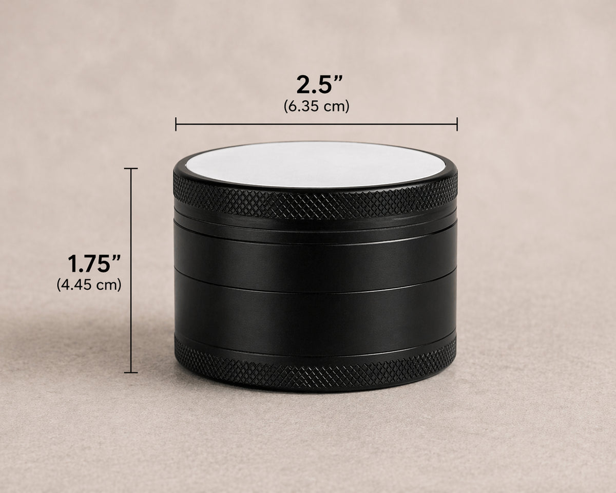 Black personalized herb grinder dimensions showing a 2.5-inch diameter and 1.75-inch assembled height.