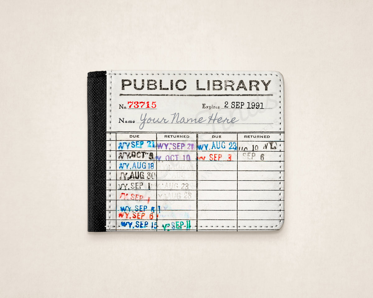 Personalized Mens Bifold wallet in canvas. featuring a library due date card design with large text showing public library.
