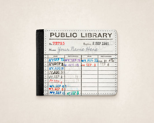 Personalized Mens Bifold wallet in canvas. featuring a library due date card design with large text showing public library.
