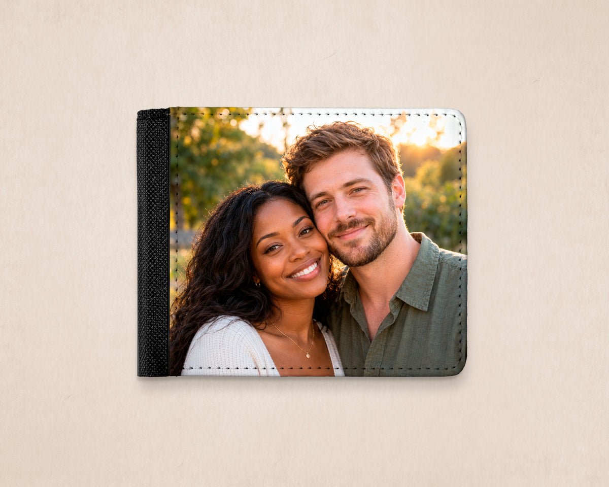 Personalized  mens bifold  photo wallet showing a couple in a park. 