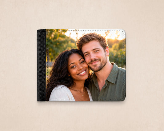 Personalized  mens bifold  photo wallet showing a couple in a park. 