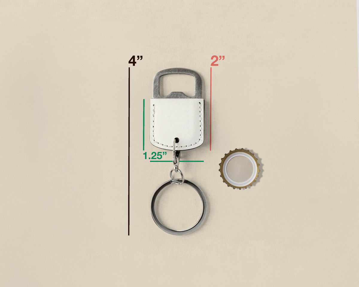 A bottle opener keychain with a white vegan leather wrap and silver metal components, shown with dimension lines indicating 4 inches tall, 2 inches wide, and 1.25 inches from the opener blade to the ring, alongside a detached bottle cap on a beige background.