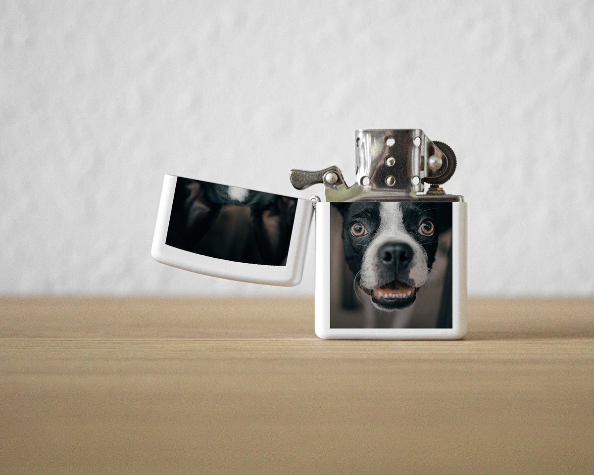 A square metal lighter with a custom printed photo of a black and white dog on the front, standing on a light wood surface against a textured white wall.