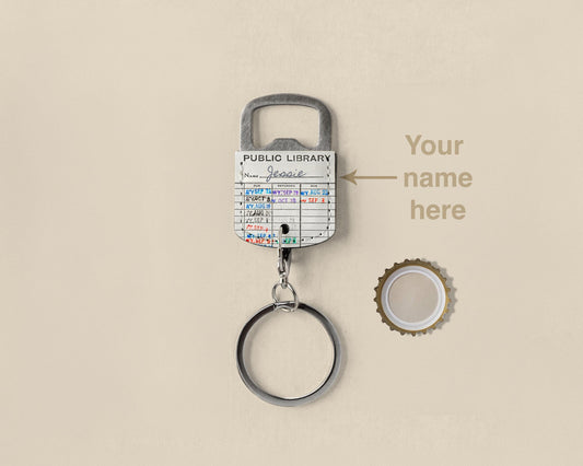 Personalized Library Card Keychain Bottle Opener, Vintage Due Date Card, Book Lover Gift