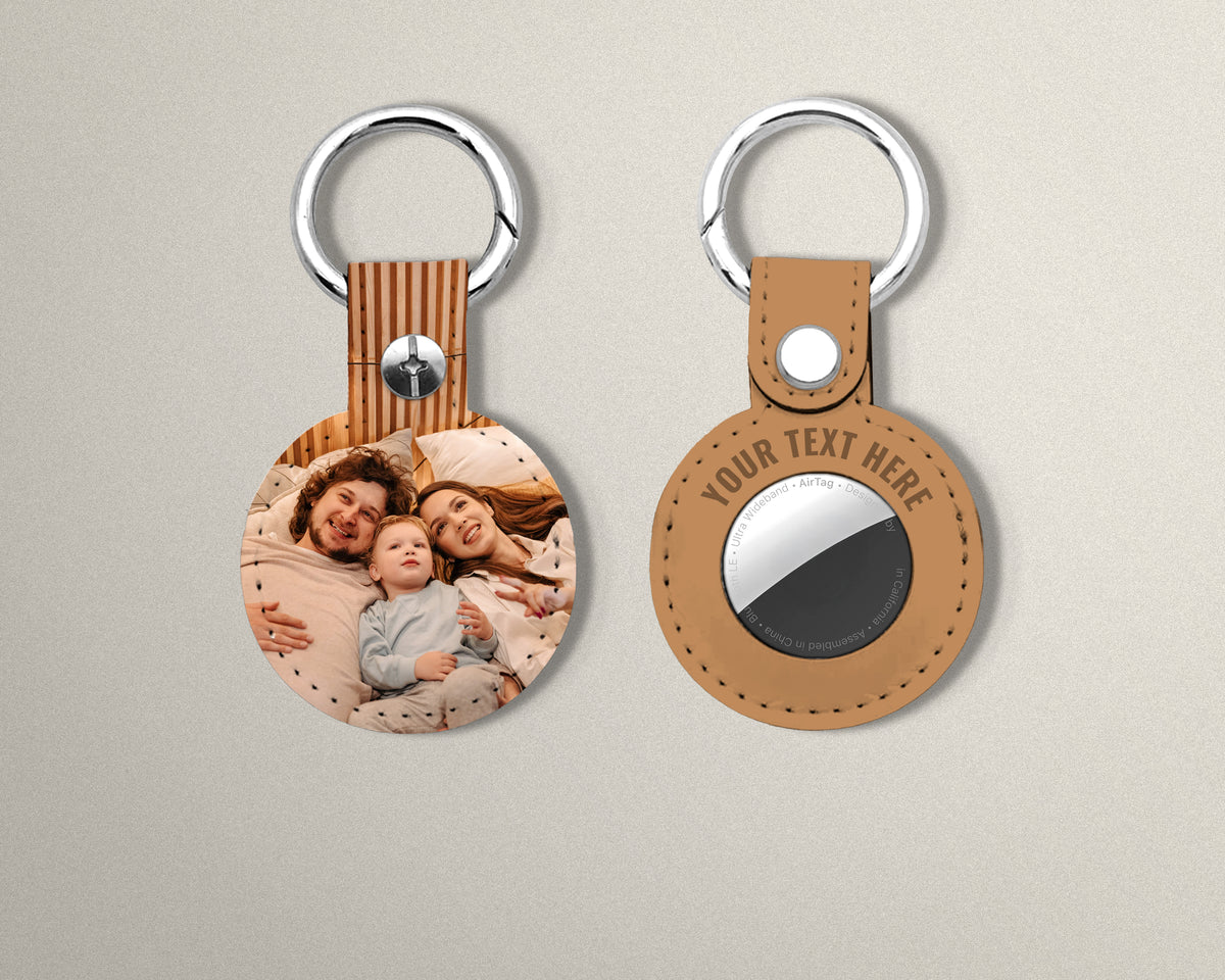 Personalized AirTags Holder with a family photo and a place to add custom text.