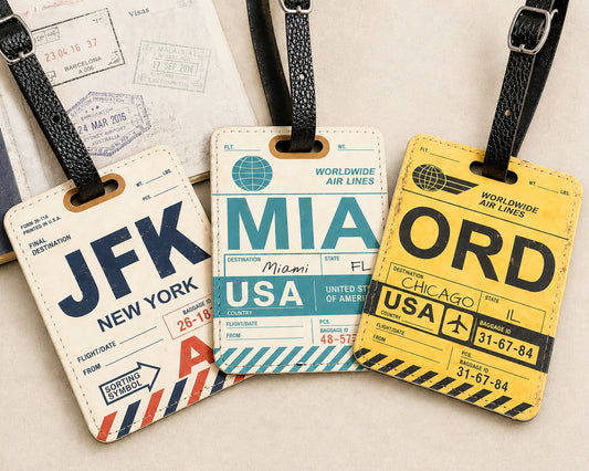 Three vintage-style luggage tags with black straps laid on a light beige surface, with a few passport stamps in the background. The tags are cream, teal, and yellow with bold black and colored text reading JFK New York, MIA Miami, and ORD Chicago, and all say Worldwide Air Lines.