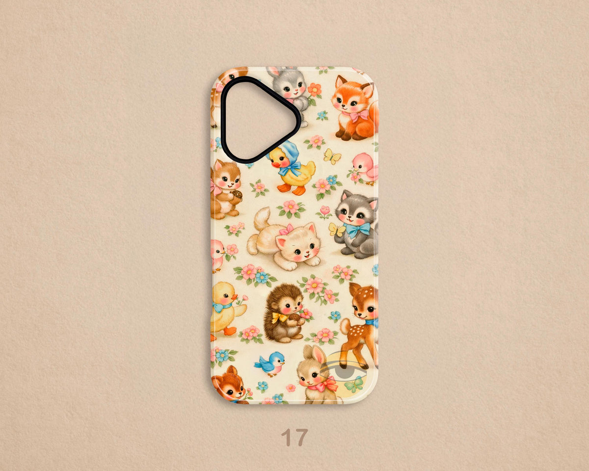 Vintage Kitschy Baby Animal iPhone Case, Retro Cottage Style MagSafe Cover