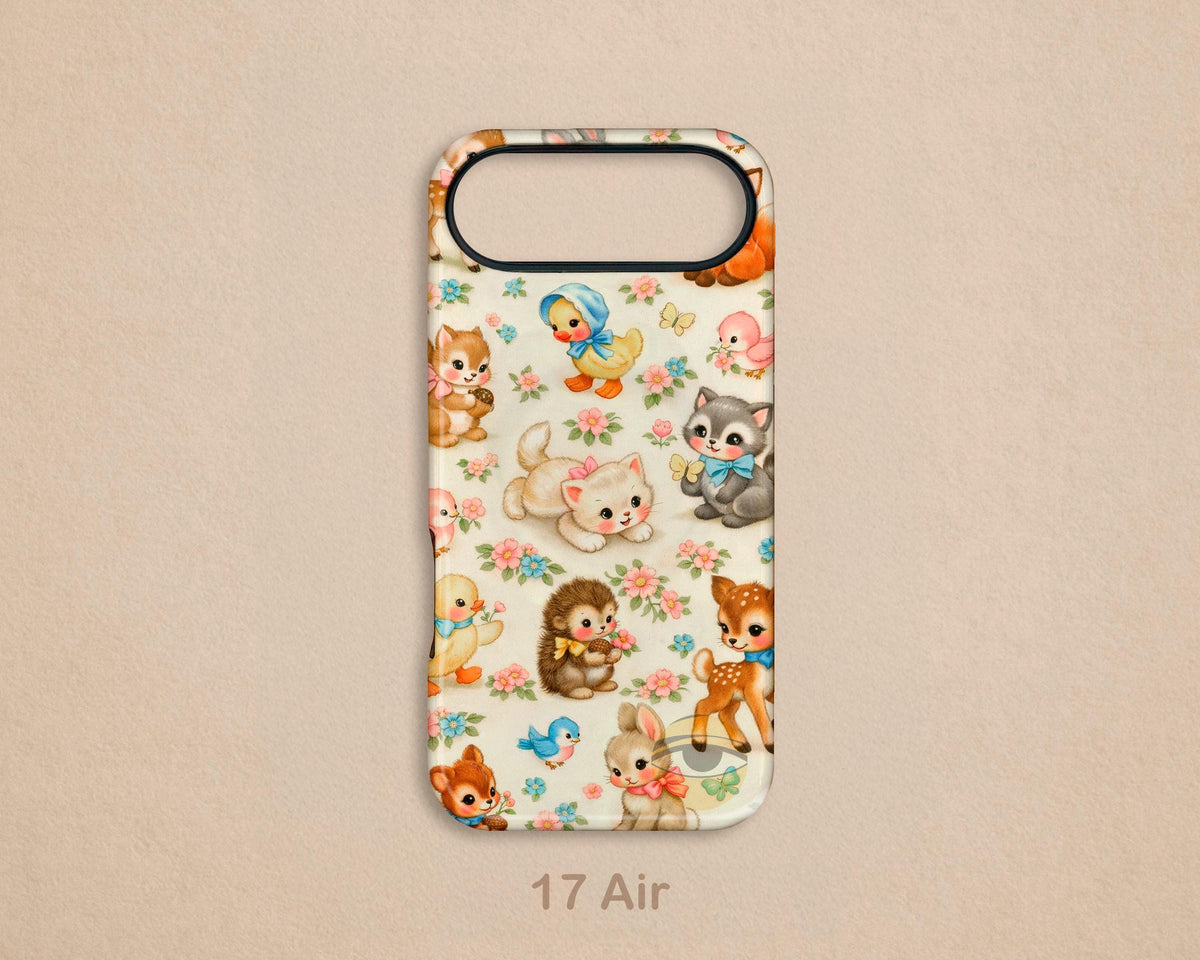Vintage Kitschy Baby Animal iPhone Case, Retro Cottage Style MagSafe Cover