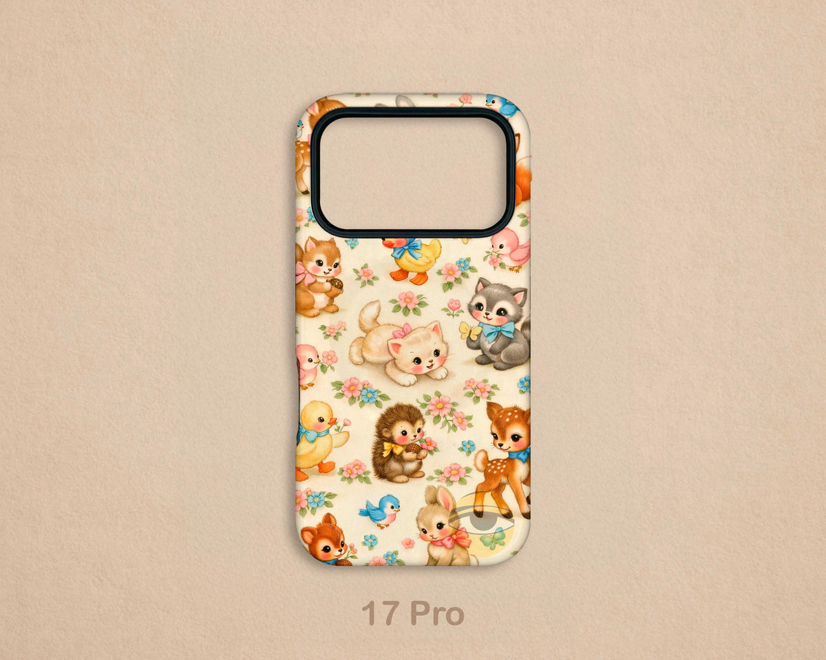 Vintage Kitschy Baby Animal iPhone Case, Retro Cottage Style MagSafe Cover