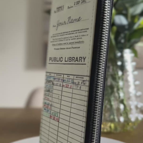 Personalized Women's Wallet with a Library Due Date Card Design. Vegan Leather and Canvas