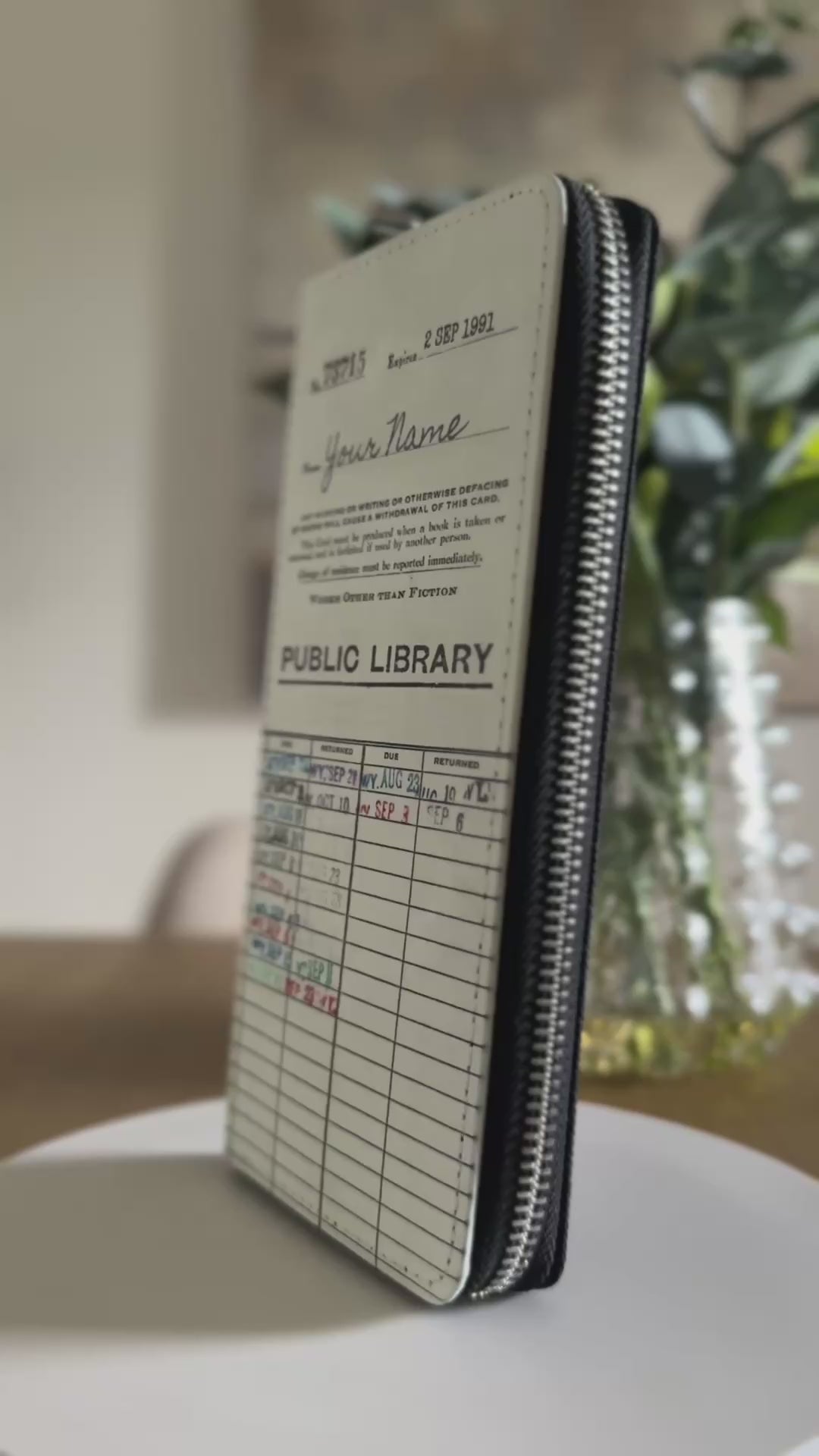 Personalized Women's Wallet with a Library Due Date Card Design. Vegan Leather and Canvas